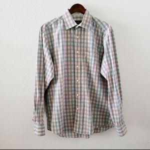 Bugatchi Uomo plaid button down shirt size L flip cuff white black green orange